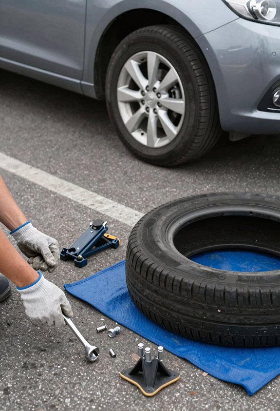 How to Remove a Tire Step by Step 3 spare tire and tools ready